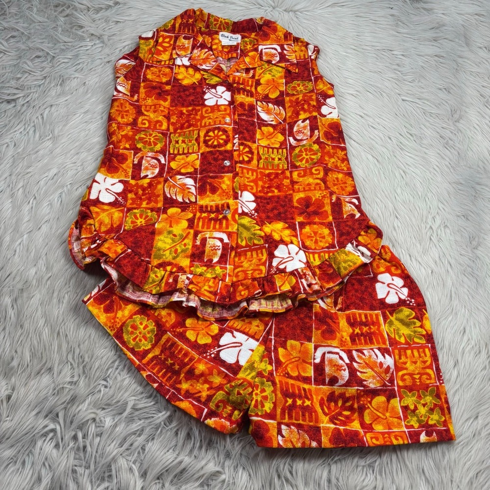 Vintage 60's Black Point Hawaii Women's M L Barkcloth Geo Floral Short Set